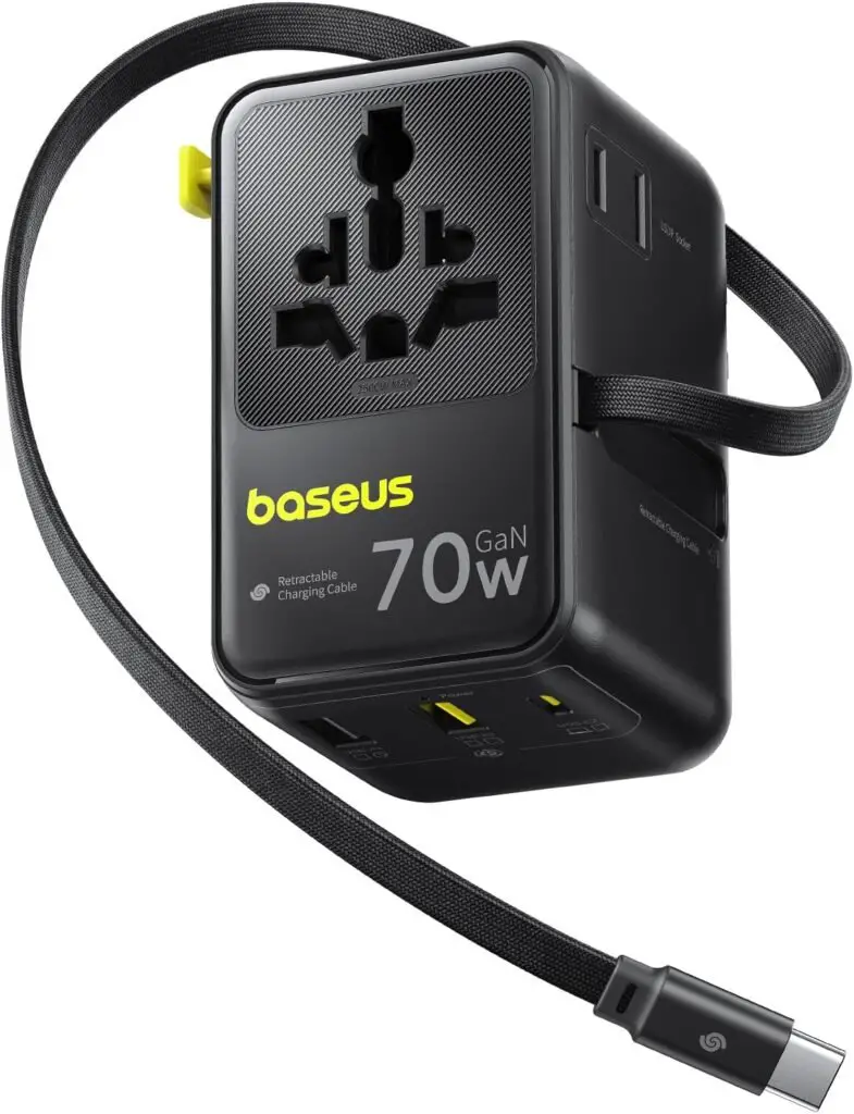 Baseus 70W Universal Travel Adapter with Retractable Cable, 6-in-1 International Plug Adapter